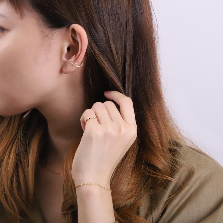 イヤーカフ 18金 イヤカフ k18 18k レディース ノンホール ピアス 2連 ダブル 重ね付け 18 金 ノンホールピアス シンプル ゴールド つけっぱなし 片耳 大ぶり | DEVAS | 02