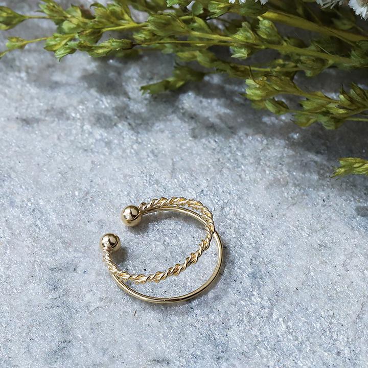 イヤーカフ 18金 イヤカフ k18 18k レディース ノンホール ピアス 2連 ダブル 重ね付け ノンホールピアス 片耳 大ぶり | DEVAS | 01