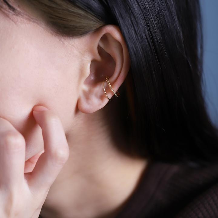 イヤーカフ 18金 イヤカフ k18 18k レディース ノンホール ピアス 2連 ダブル 重ね付け ノンホールピアス 片耳 大ぶり | DEVAS | 07