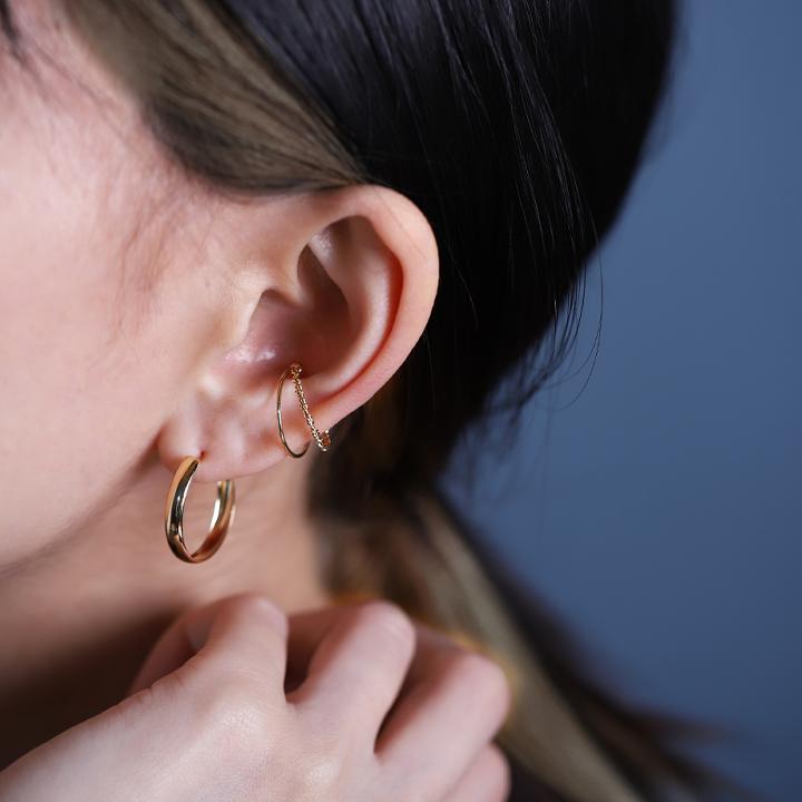 イヤーカフ 18金 イヤカフ k18 18k レディース ノンホール ピアス 2連 ダブル 重ね付け ノンホールピアス 片耳 大ぶり | DEVAS | 09