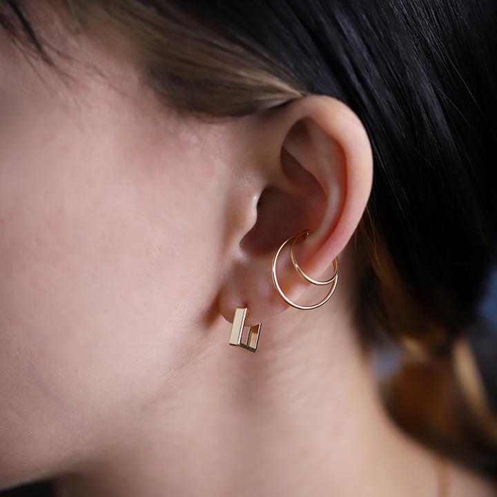 イヤーカフ 18金 イヤカフ k18 18k レディース ノンホール ピアス 2連 ダブル 重ね付け ノンホールピアス 片耳 大ぶり | DEVAS | 09