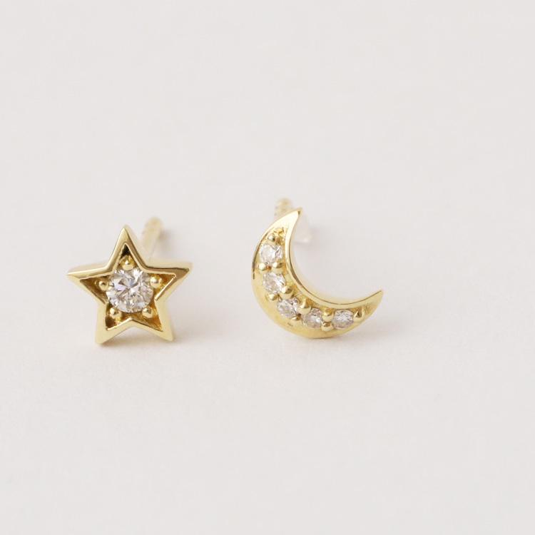 【土日限定2000円OFFクーポン有】 18金 ピアス k18 18金ピアス 18k 星 月 スター ハーフムーン ダイヤモンド k18ピアス レディース ピアス18金 両耳 | DEVAS | 05