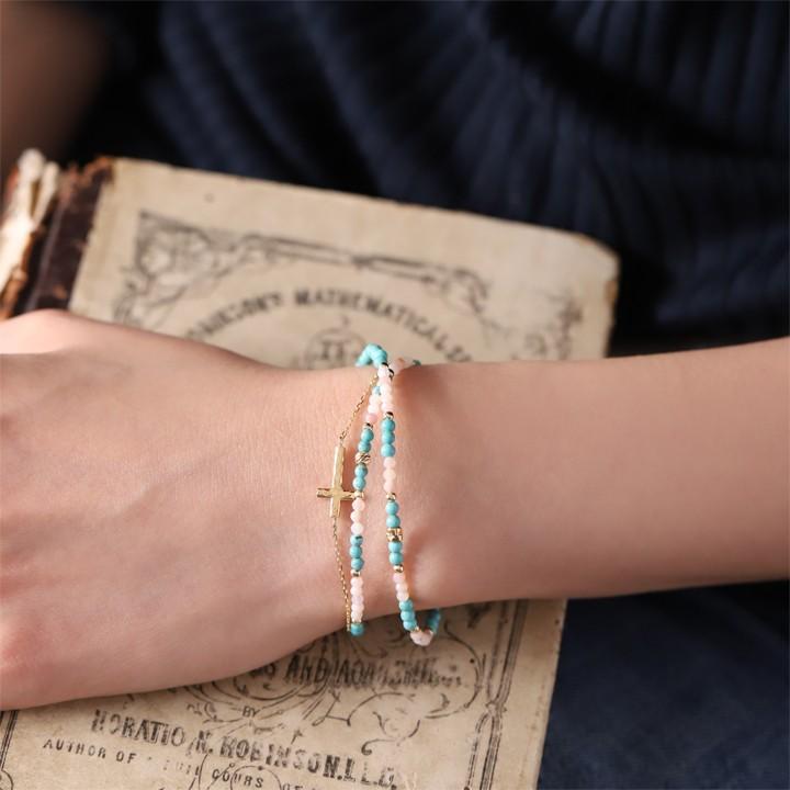 18金 ブレスレット k18 18金ブレスレット 18k 天然石ブレスレット 2連 ターコイズ ピンクオパール 天然石 メンズ レディース ペア シンプル ゴールド ブレス | DEVAS | 12