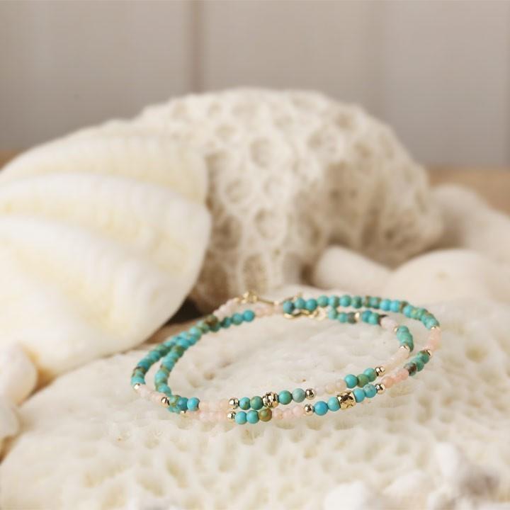 18金 ブレスレット k18 18金ブレスレット 18k 天然石ブレスレット 2連 ターコイズ ピンクオパール 天然石 メンズ レディース ペア シンプル ゴールド ブレス | DEVAS | 02