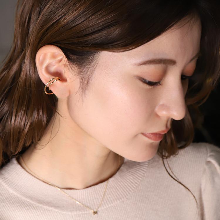 【土日限定3500円OFFクーポン有】 イヤーカフ 18金 イヤカフ k18 18k レディース ノンホール ピアス 2連 ダブル 重ね付け ノンホールピアス 片耳 大ぶり | DEVAS | 02