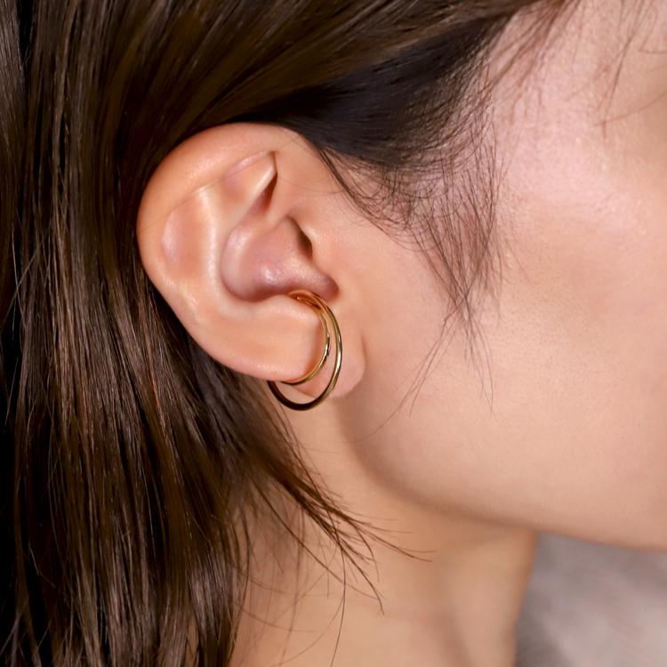 【土日限定3500円OFFクーポン有】 イヤーカフ 18金 イヤカフ k18 18k レディース ノンホール ピアス 2連 ダブル 重ね付け ノンホールピアス 片耳 大ぶり | DEVAS | 03