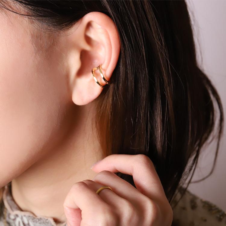 【土日限定3500円OFFクーポン有】 イヤーカフ 18金 イヤカフ k18 18k レディース ノンホール ピアス 2連 ダブル 重ね付け ノンホールピアス 片耳 | DEVAS | 12