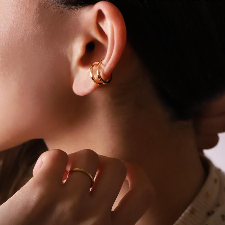 【土日限定3500円OFFクーポン有】 イヤーカフ 18金 イヤカフ k18 18k レディース ノンホール ピアス 2連 ダブル 重ね付け ノンホールピアス 片耳 | DEVAS | 13