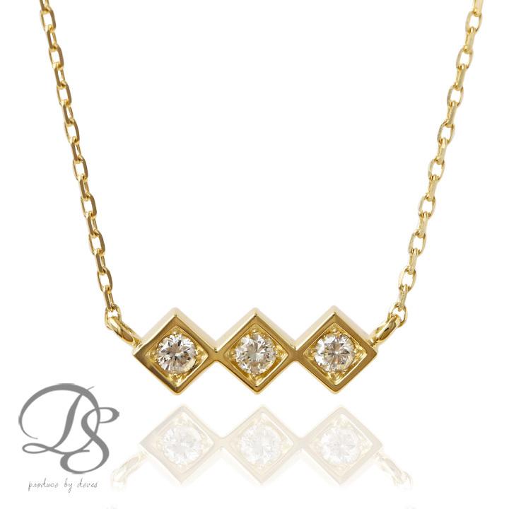 【土日限定5000円OFFクーポン有】  18金ネックレス k18 ネックレス 18金 レディース 3石 ダイヤモンド 四角 k18ネックレス 18k あずきチェーン 小豆 | DEVAS