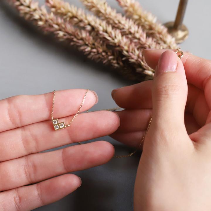 【土日限定5000円OFFクーポン有】 18金ネックレス k18 ネックレス 18金 レディース 3石 ダイヤモンド 四角 k18ネックレス 18k あずきチェーン 小豆 | DEVAS | 11