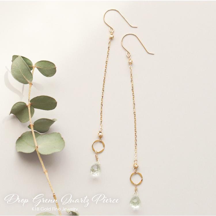 18金 ピアス k18 18金ピアス 18k フックピアス 天然石  グリーンクオーツ シンプル k18ピアス レディース ピアス18金 18 金 華奢 地金 ゴールド 18kピアス 両耳 | DEVAS | 01