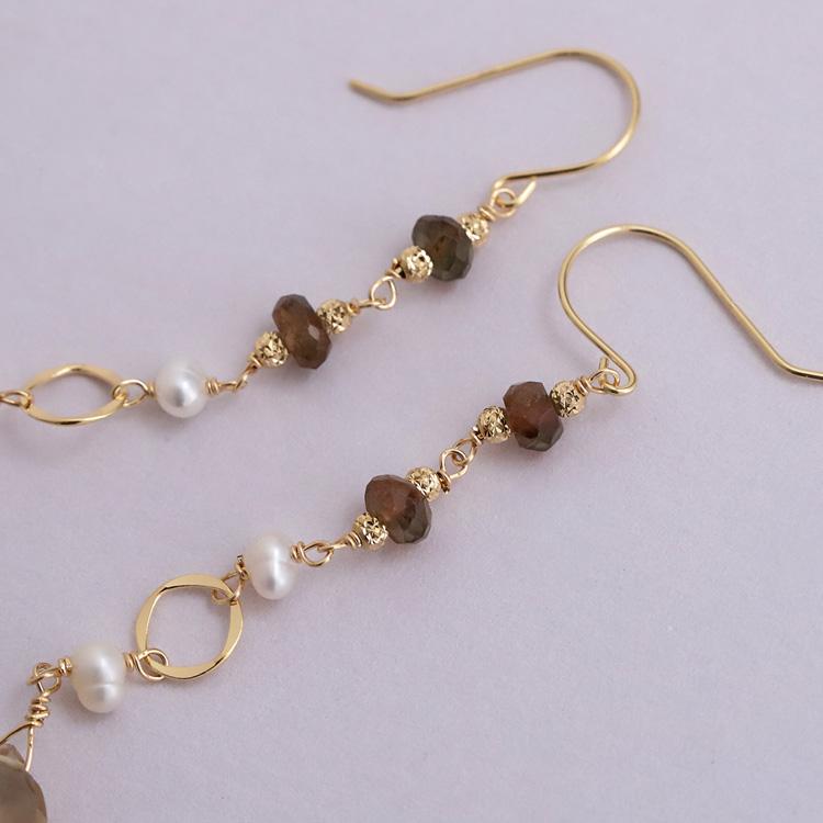 18金 ピアス k18 18金ピアス 18k 天然石 ピアス アイオライト シャンパンクオーツ シンプル k18ピアス レディース ピアス18金 ゴールド 18kピアス 揺れる 両耳 | DEVAS | 10