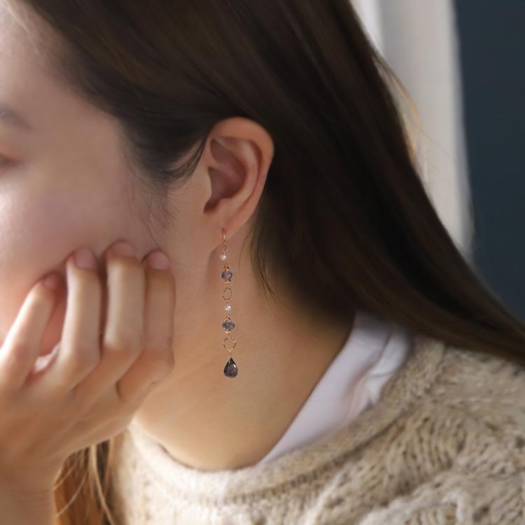 18金 ピアス k18 18金ピアス 18k 天然石 ピアス アイオライト シャンパンクオーツ シンプル k18ピアス レディース ピアス18金 ゴールド 18kピアス 揺れる 両耳 | DEVAS | 02