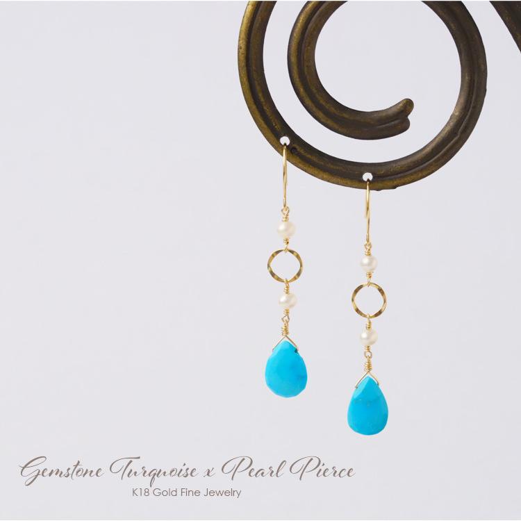 18金 ピアス k18 18金ピアス 18k フックピアス 天然石 ターコイズ 淡水パール シンプル k18ピアス レディース ピアス18金 地金 ゴールド 18kピアス 両耳 | DEVAS | 01
