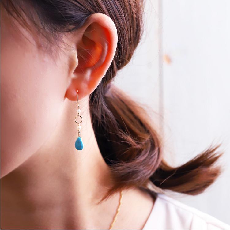 18金 ピアス k18 18金ピアス 18k フックピアス 天然石 ターコイズ 淡水パール シンプル k18ピアス レディース ピアス18金 地金 ゴールド 18kピアス 両耳 | DEVAS | 02