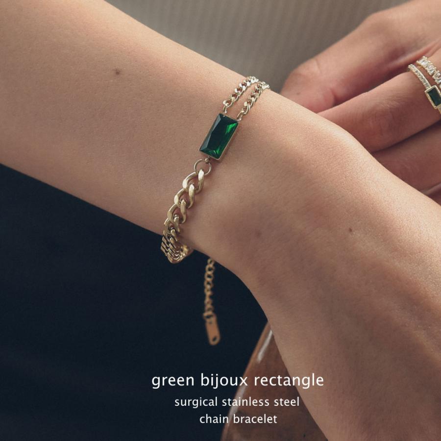サージカルステンレス レクタングル ブレスレット グリーンビジュー | 