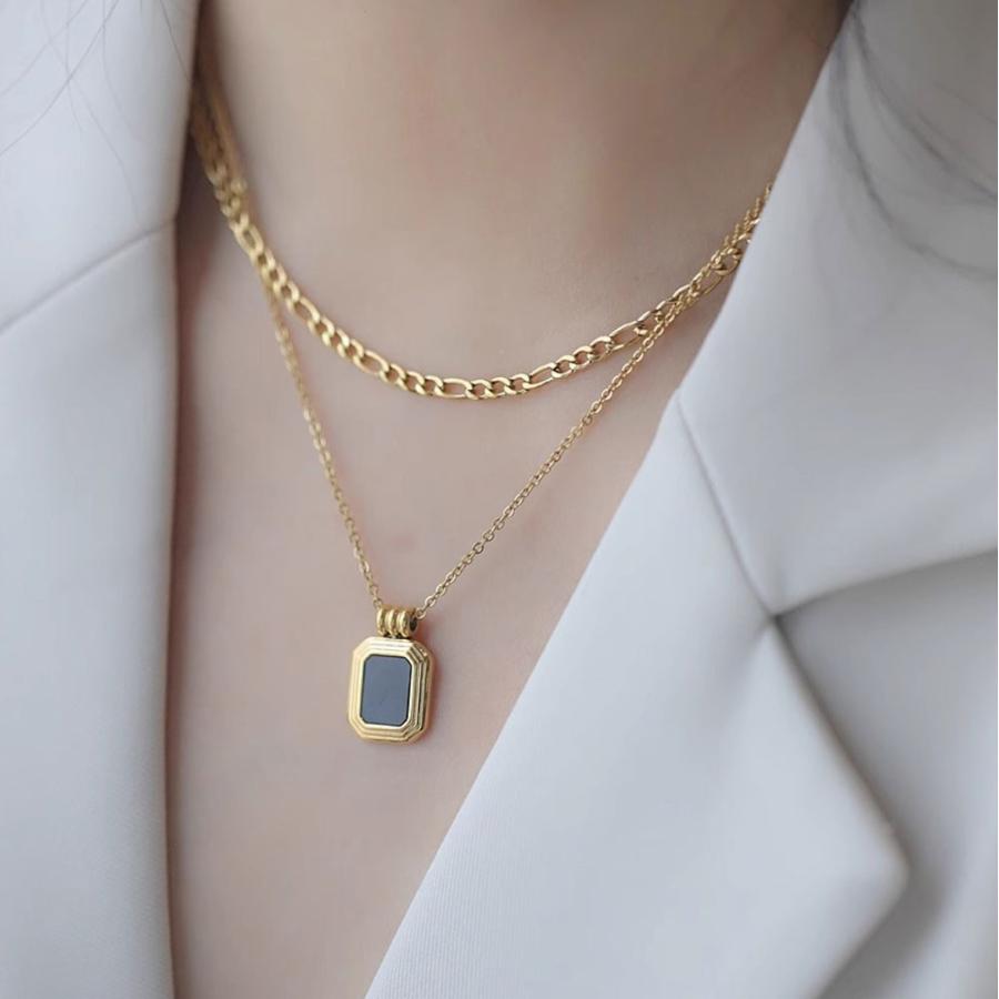 316L サージカル 2連 レクタングル ネックレス シェル オニキス フィガロ あずきチェーン |  | 02