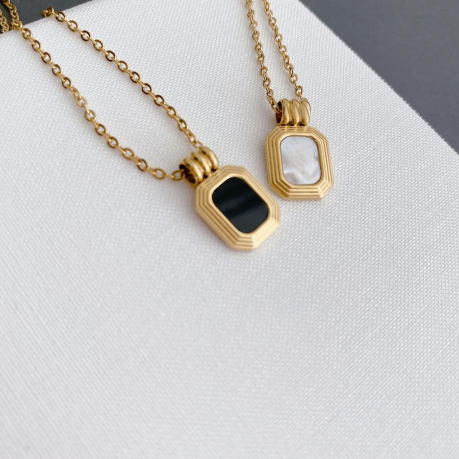 316L サージカル 2連 レクタングル ネックレス シェル オニキス フィガロ あずきチェーン |  | 03