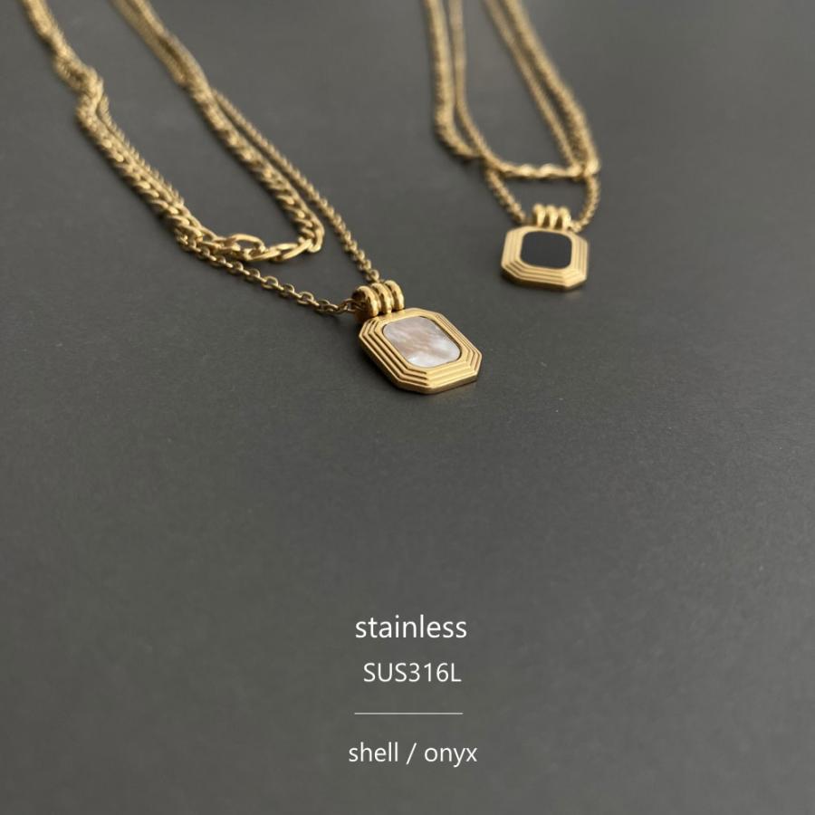316L サージカル 2連 レクタングル ネックレス シェル オニキス フィガロ あずきチェーン |  | 06