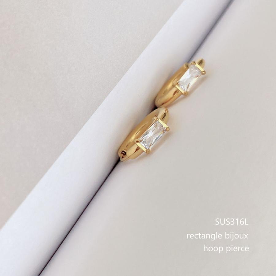 316L 18金コーティング フープピアス キャッチレス レクタングル ビジュー ラインストーン パーティ アレルギー | 