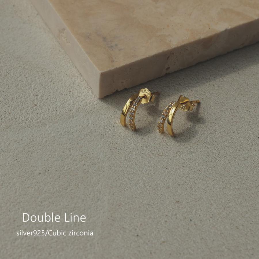 silver925 ダブル カーブライン ピアス イヤリング キュービックジルコニア 上品 オフィス デイリー 小さめ ミニ 弓 | 