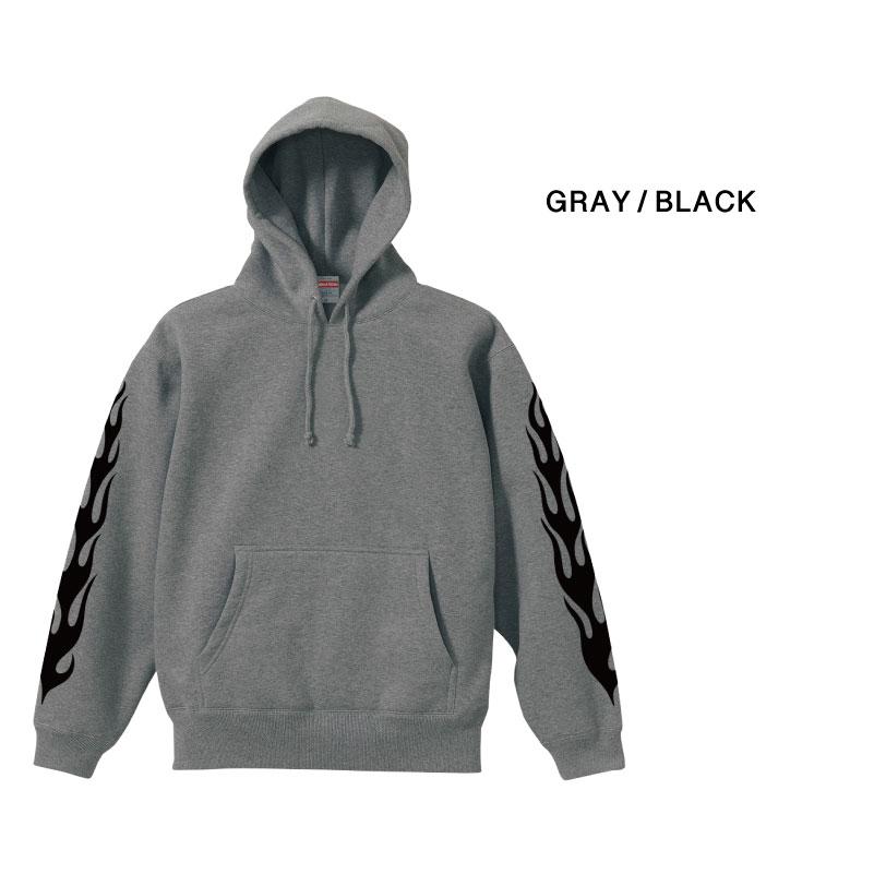 FLAME ファイヤーパターン 裏起毛 袖プリント プルオーバーパーカー
