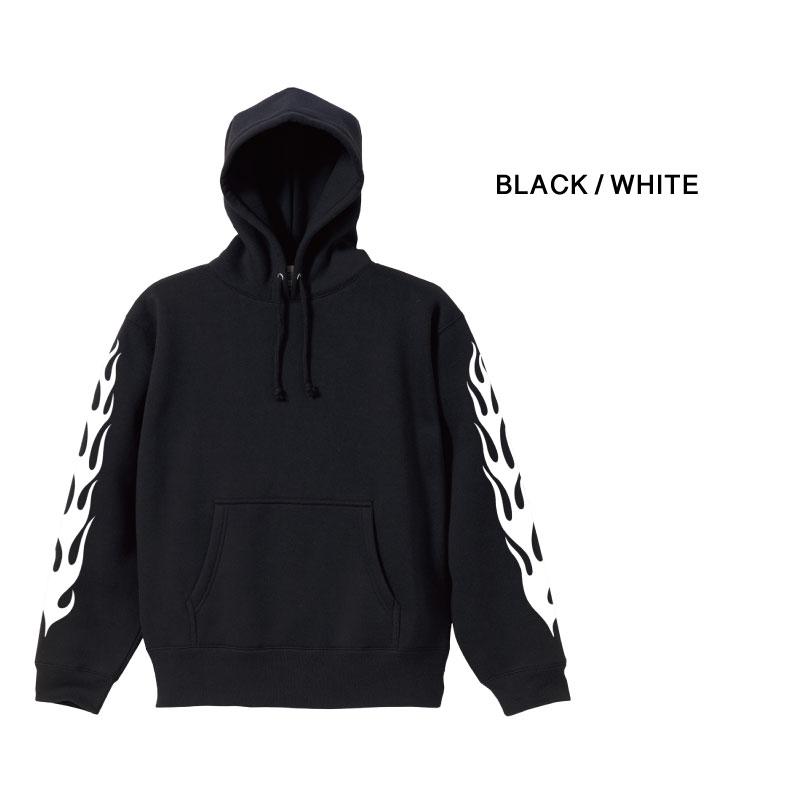 FLAME ファイヤーパターン 裏起毛 袖プリント プルオーバーパーカー