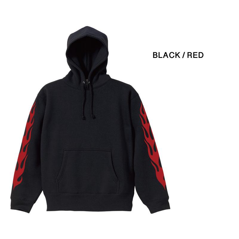 FLAME ファイヤーパターン 裏起毛 袖プリント プルオーバーパーカー