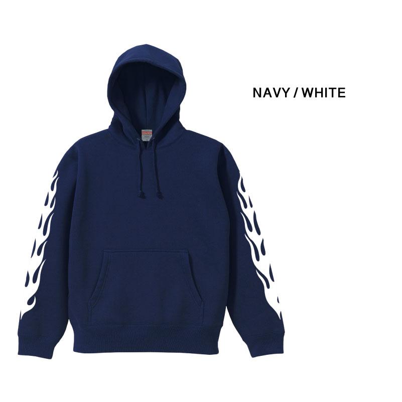 FLAME ファイヤーパターン 裏起毛 袖プリント プルオーバーパーカー