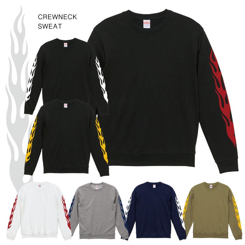 FLAME 袖プリント クルーネックスウェット 裏パイル トップス