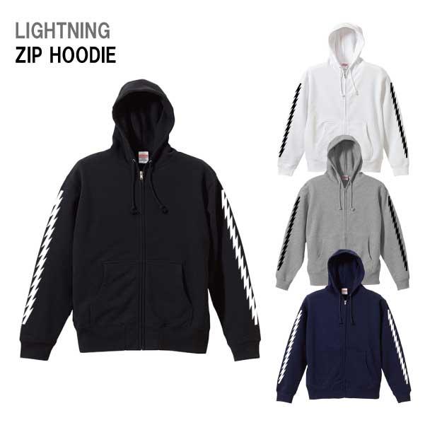 zipパーカー 裏パイル 袖プリント ライトニング 稲妻 トップス