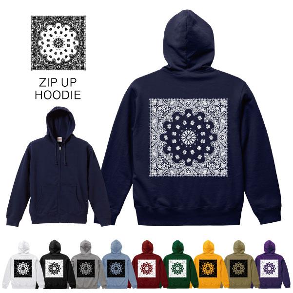 zipパーカー 裏パイル ペイズリー バンダナ バックプリント トップス