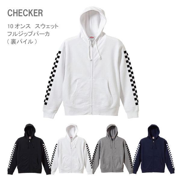 zipパーカー 裏パイル 袖プリント チェッカーフラッグ トップス メンズ
