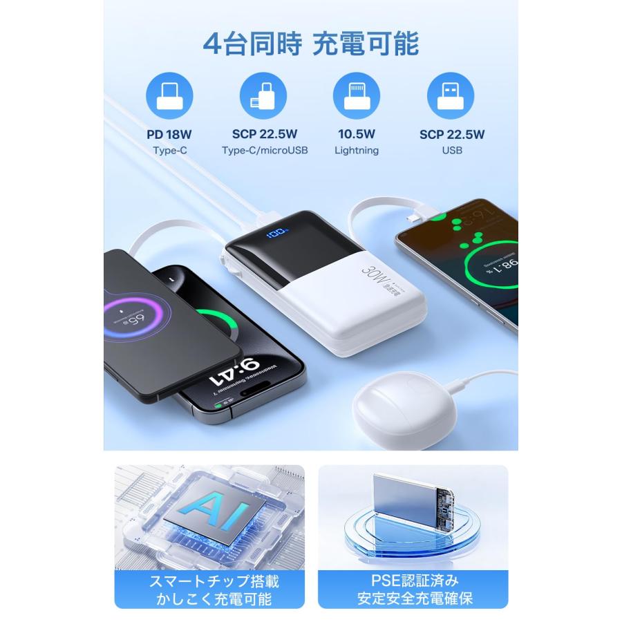大容量モバイルバッテリー50000mAh急速充電ケーブル内蔵4台同時充電