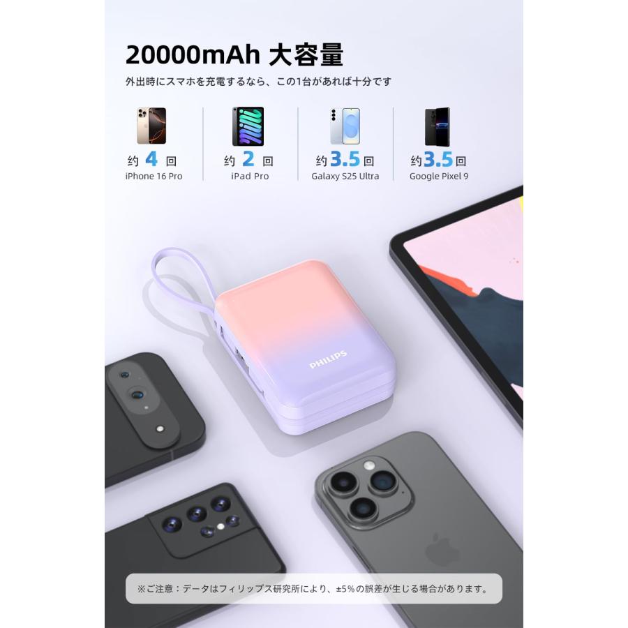 大容量モバイルバッテリー20000mAhケーブル内蔵急速充電4台同時充電LightningType-CPhilipsPSE認証_5