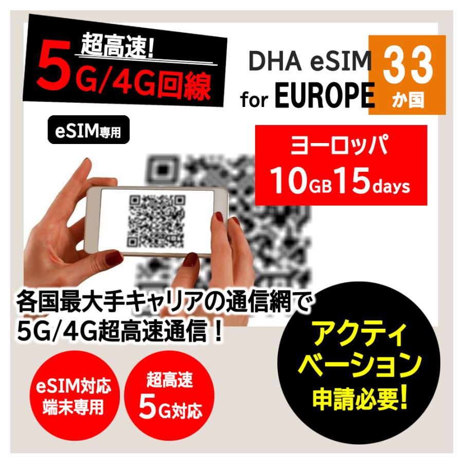 esim ヨーロッパ 33ヵ国 15日間 10GB プリペイドsim 簡単設定 説明書付 5G/4G回線 データ通信専用 eSIM対応simフリー端末のみ対応 トルコ イギリス フランス｜dhacorp｜02
