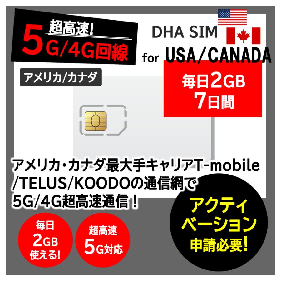 【アメリカ / カナダ 5G SIMカード】USA/CANADA 毎日2GB 7日間 プリペイドsim TMOBILE/TELUS