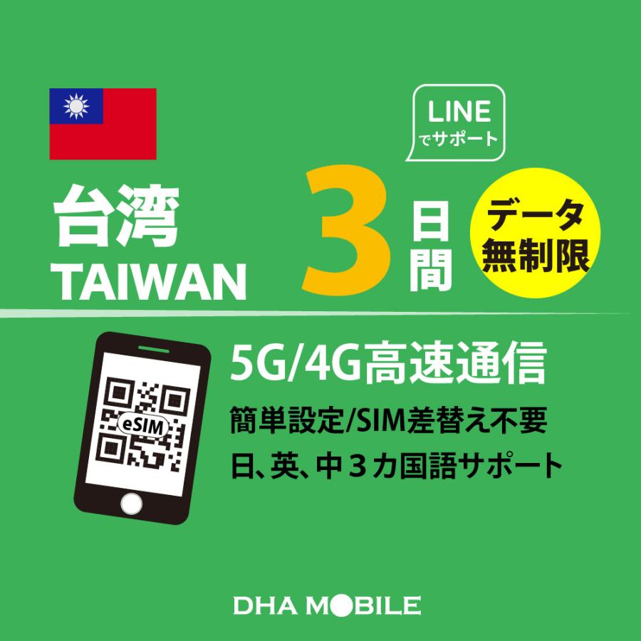 【メール送付】台湾eSIM 3日間 無制限 台湾SIM プリペイドsim 簡単設定 説明書付 4G/LTE回線 データ通信専用 eSIM対応SIMフリー端末のみ対応（Yahoo!・DHA direct）