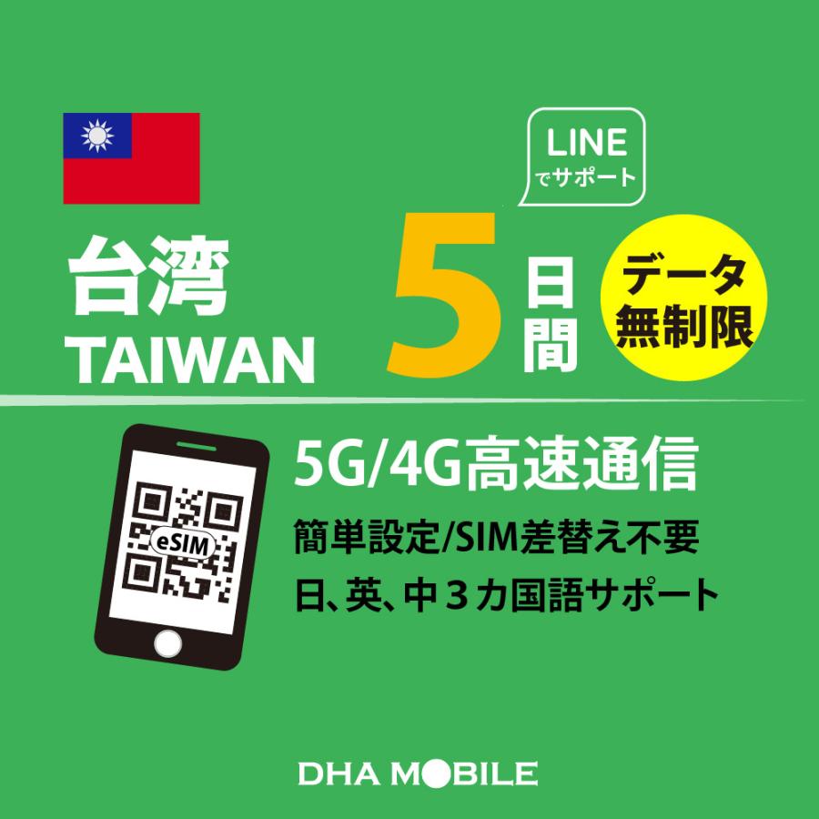 【メール送付】台湾eSIM 5日間 無制限 台湾SIM プリペイドsim 簡単設定 説明書付 4G/LTE回線 データ通信専用 eSIM対応SIMフリー端末のみ対応（Yahoo!・DHA direct）