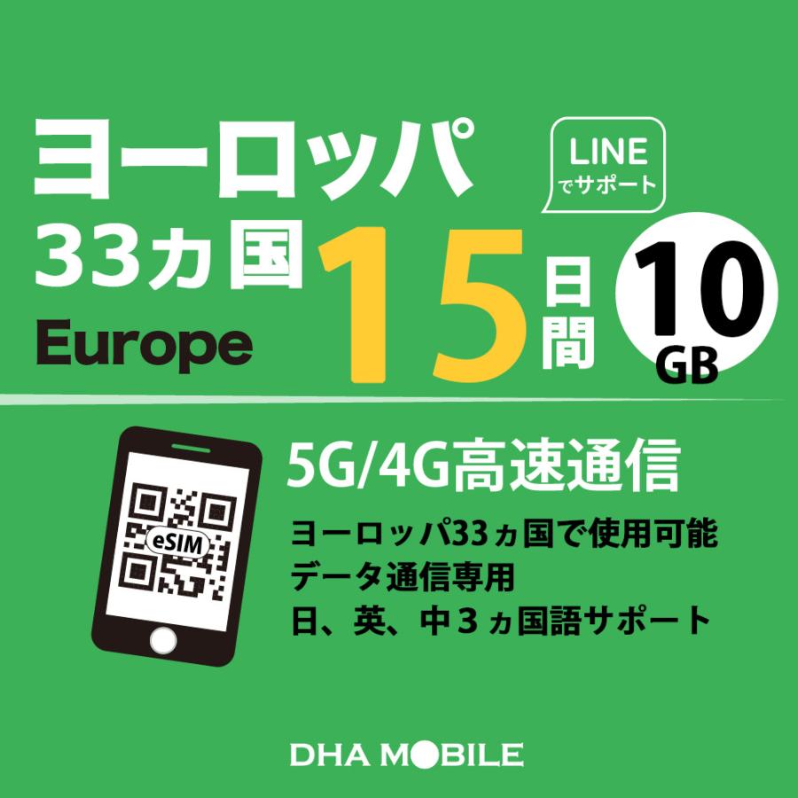 【メール送付】eSIM ヨーロッパ 33ヵ国 15日間 10GB(超えると低速128kbps) プリペイドsim 5G/4G回線 データ通信専用 esim対応simフリー端末のみ対応（Yahoo!・DHA direct）