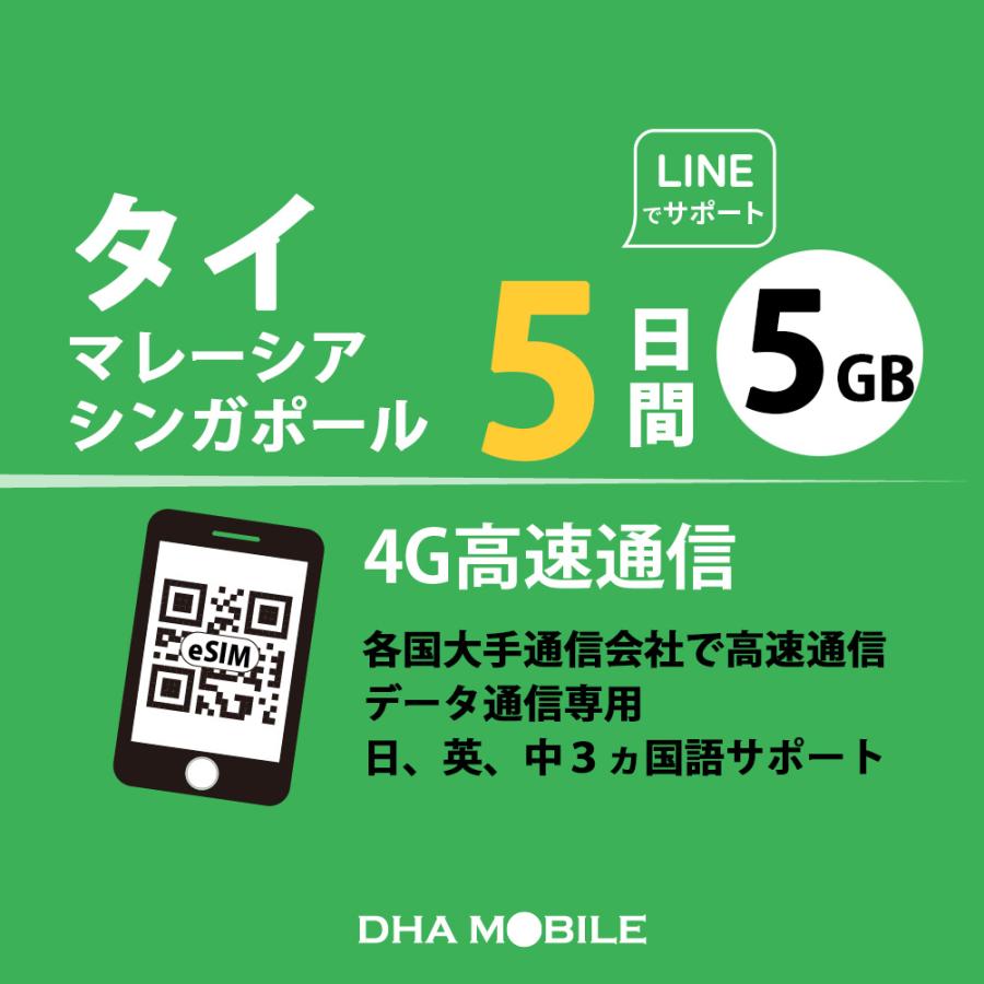 【メール送付】タイ / マレーシア / シンガポール eSIM 5日間 5GB(超えると低速128kbps) プリペイドSIM データ通信専用 esim対応simフリー端末のみ対応（Yahoo!・DHA direct）