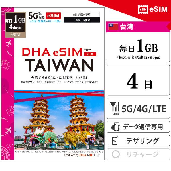 【メール送付】台湾 eSIM 4日間 毎日1GB(超えると当日中低速128kbps) プリペイドsim 4G/LTE回線 データ通信専用 esim対応simフリー端末のみ対応（Yahoo!・DHA direct）