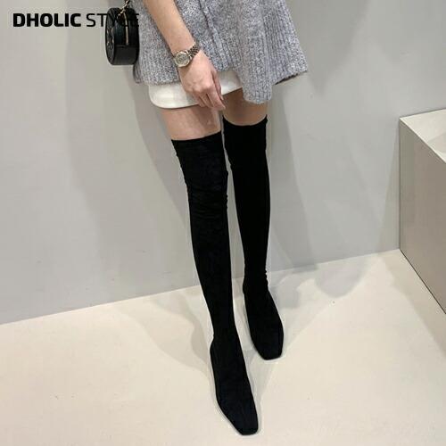韓国ファッション シューズ 靴 ブーツ ロングブーツ ニーハイブーツ スリム 細身 タイト ローヒール ブロックヒール スクエアトゥ スエード調 カジュアル 秋 冬 Dholic 通販 Paypayモール