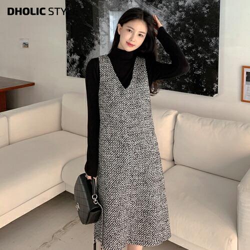 ワンピース ツイードワンピース ロングワンピース ロング丈 Hライン Vネック ノースリーブ スリーブレス 大人 こなれ感 上品 エレガント カジュアル 秋 冬 Dholic 通販 Paypayモール