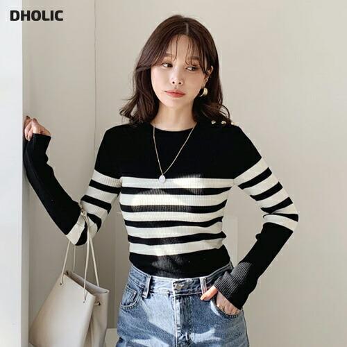 トップス ニット ニットトップス 長袖 リブ ボーダー柄 大人 スリム 秋 冬 韓国 ファッション Dholic 通販 Paypayモール