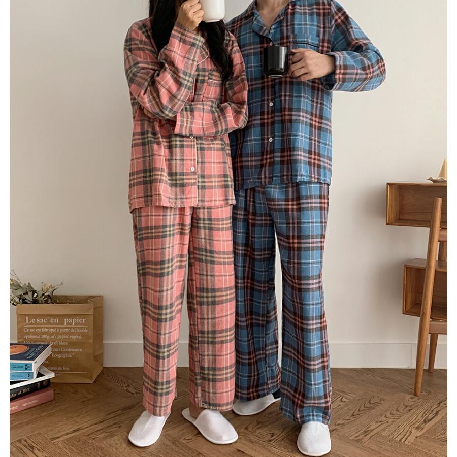 韓国 パジャマ ルームウェア ナイトウェア シャツ ボタン 長袖 ロングパンツ ルーズ ゆったり チェック パターン 柄 男女兼用 ユニセックス カップルパジャマ 冬 Dholic 通販 Paypayモール