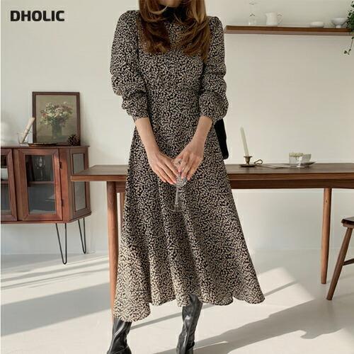 ワンピース ラウンドネック 長袖 フレア Aライン シフォン 柄 パターン ヒョウ柄 アニマル柄 シアー 薄手 秋 春 ロング丈 Dholic 通販 Paypayモール