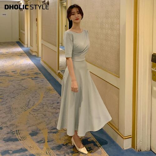 韓国 ワンピース ロングワンピース ドレス フレア Aライン 半袖 5分袖 五分袖 オフショルダー 肩出し 無地 パーティー 結婚式 無地 大人 上品 発表会 春 秋 Dholic 通販 Paypayモール