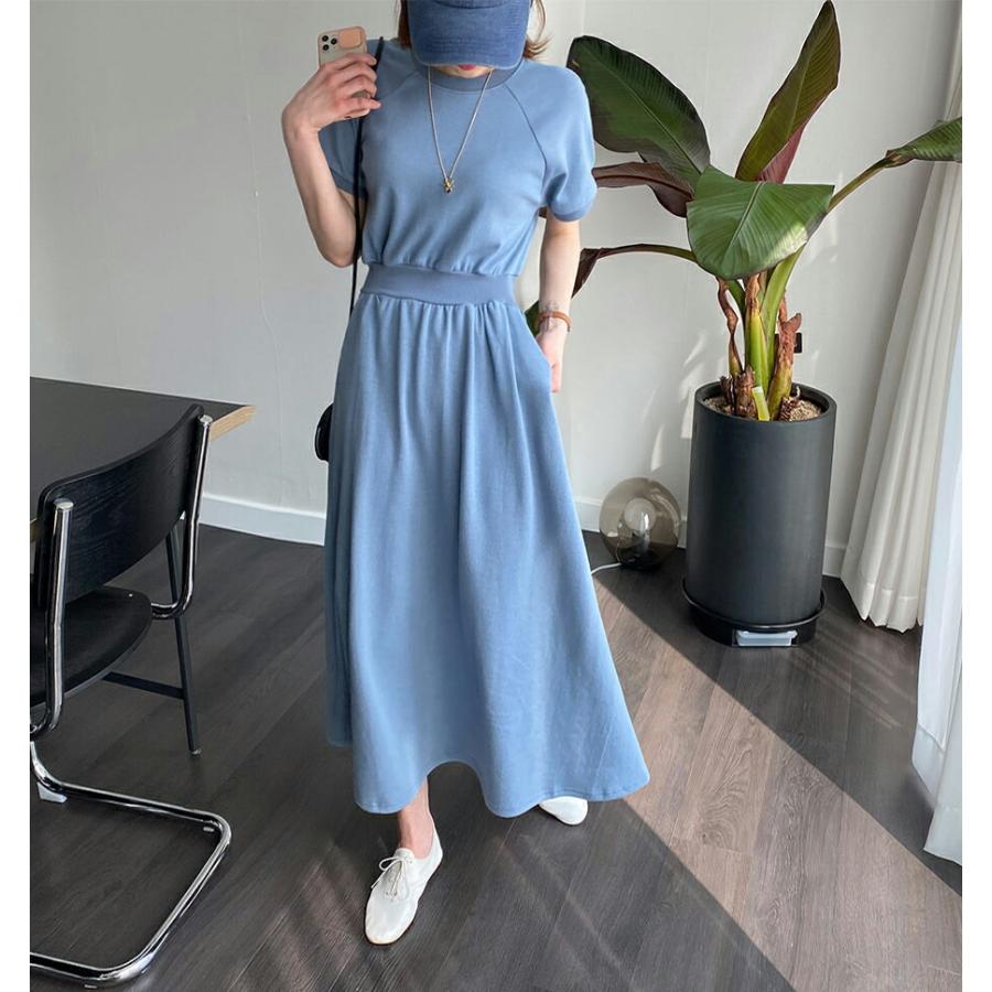 ワンピース ロングワンピス 半袖 スウェットワンピース ラウンドネック ウエストゴム フェミニン 細身 スリム 体型カバー 秋 春 ロング丈 Dholic 通販 Paypayモール