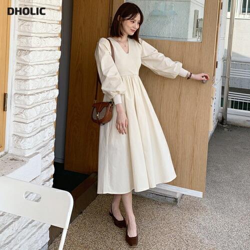 ワンピース ロング ロングワンピース 長袖 Vネック カシュクール フレア 体型カバー ニット 異素材 細身 スリム 春 夏 ロング丈 Dholic 通販 Paypayモール